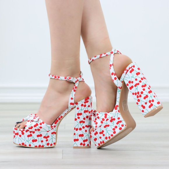 Rockabilly Cherry Print Platform High Heels Bow Strap - Picture 12 of 12